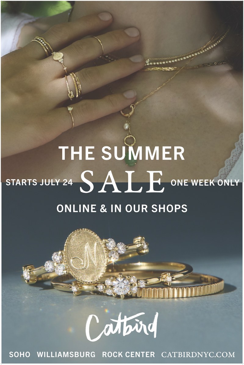 Catbird Summer Sale 2026 campaign creative featuring stacked gold jewelry and NYC store locations